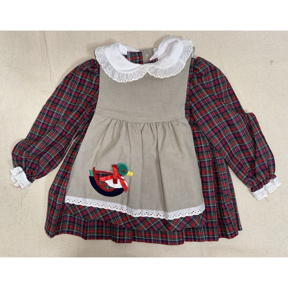 Vintage Bryan Co Girls Plaid Duck‎ Embroidered Pinafore Dress Size 2T USA Eyelet